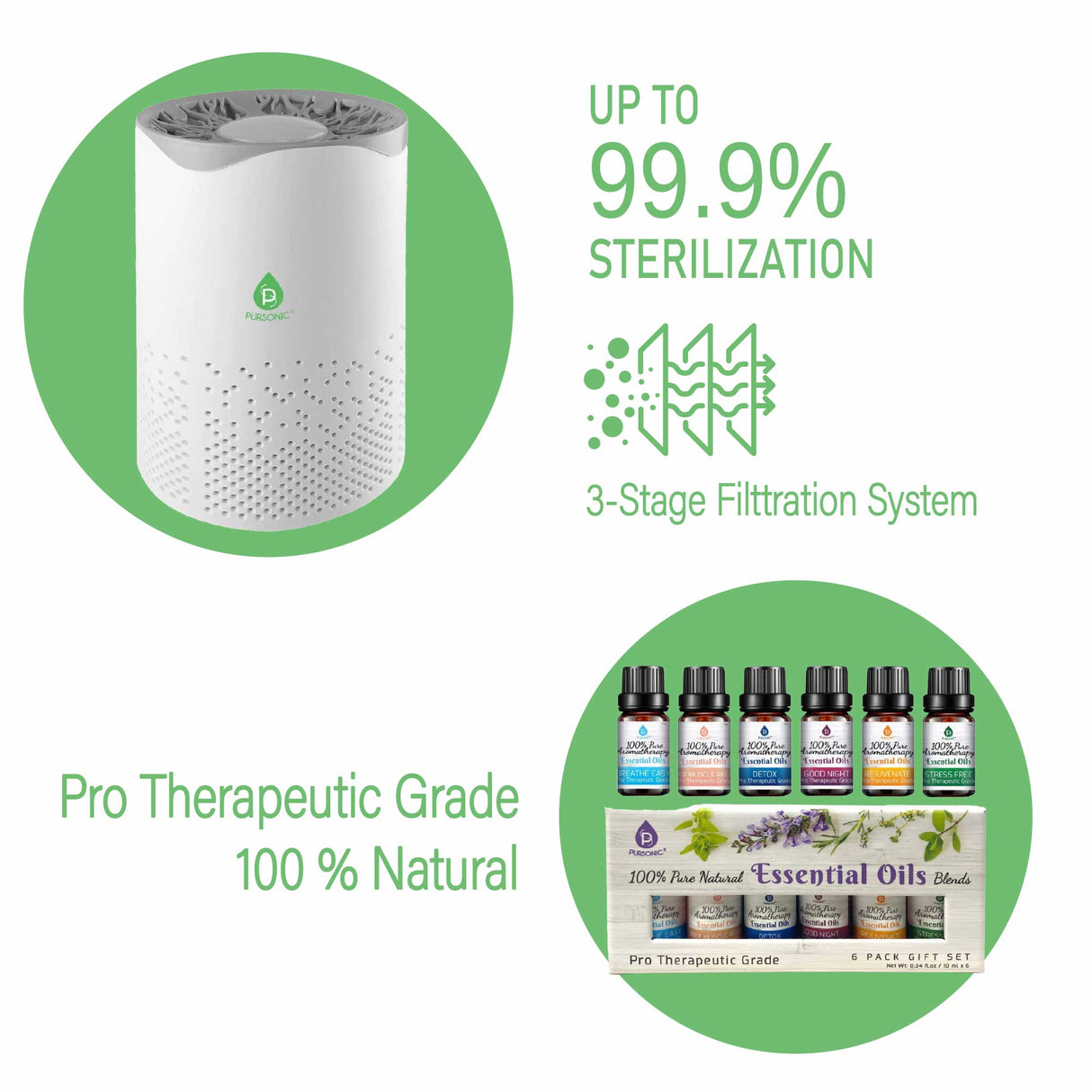 Pursonic Air Purifier with 6-Pack Premium Essential Oils Collection by Pursonic