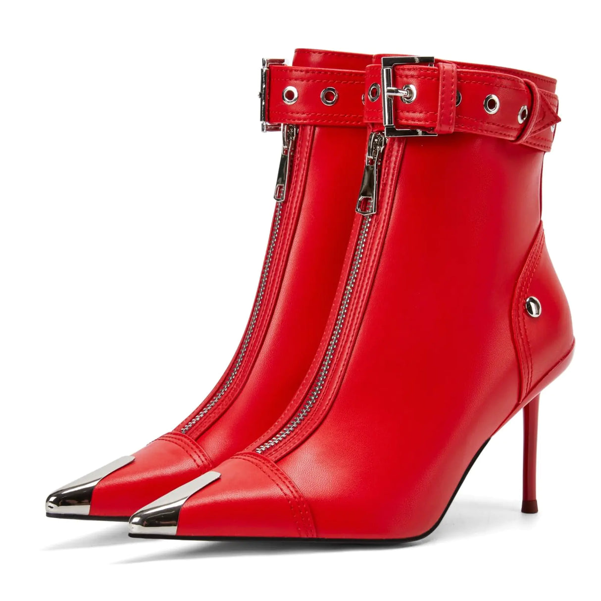 CAGLGLZ Womens Fashion Metal Pointe Toe Heel Boots Sexy Zip Ankle Stilettos Booties With Strap Buckle Party Dress High Heels For Women (red 12)