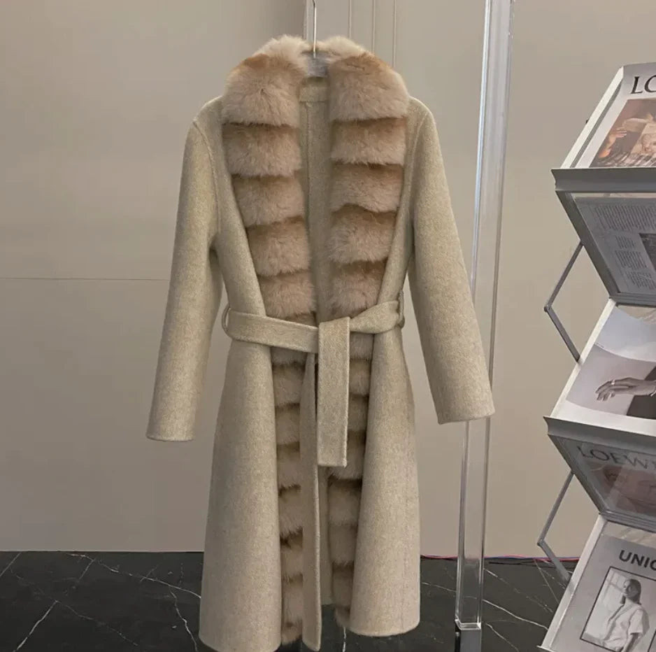 Alpaca Fleece Coat with Detachable Fox Fur Collar