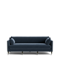 The Fabienne Sofa, in a dark blue hue, features a modern design with clean lines and cylindrical cushions set against a black backdrop. Its four visible legs add an elegant touch to its simple yet stylish appearance.