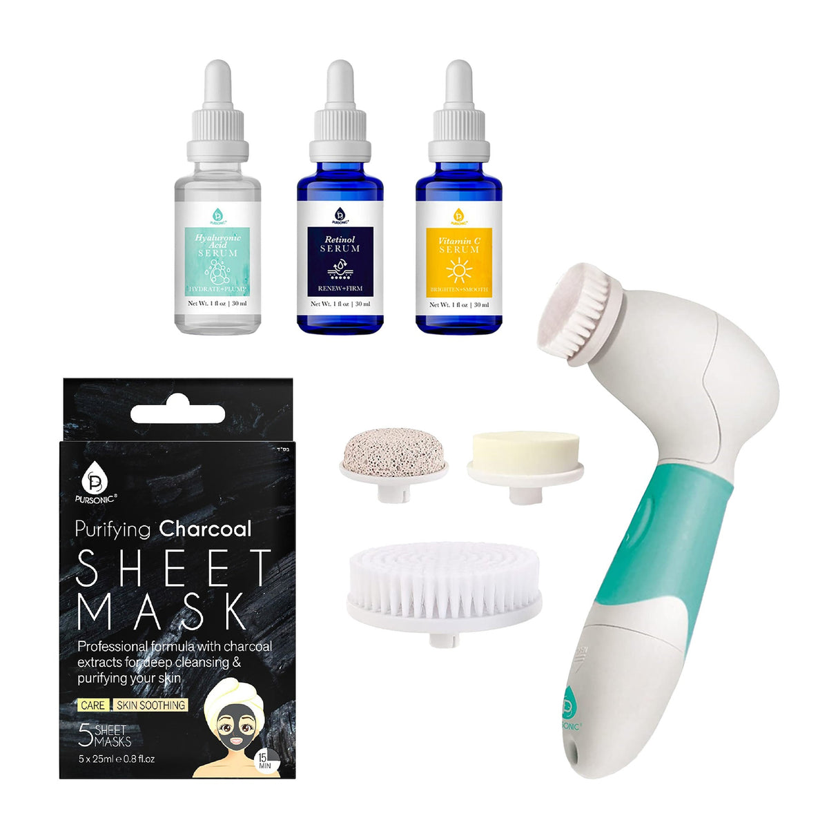 Pursonic Complete Skincare Bundle – Advanced Facial & Body Cleansing Brush + Anti-Aging Serum Set + 5-Pack Charcoal Sheet Masks by Pursonic