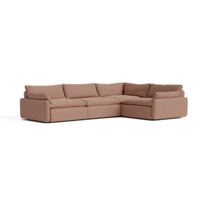 Introducing The Sink Down Sectional, a modern and spacious brown sofa that features three pieces configured in an L-shape. The plush cushions offer a comfortable seating experience, while its matte fabric finish perfectly complements any living room setting.