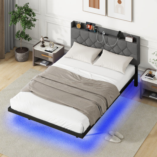 Full/Queen Size Floating Bed Frame with LED and Headboard and Charging Station-Full Size