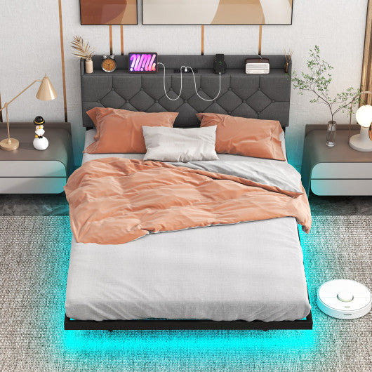 Full/Queen Size Floating Bed Frame with LED and Headboard and Charging Station-Full Size