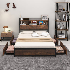 Full/Queen Size Bed Frame with Bookcase Headboard and 4 Storage Drawers-Full Size