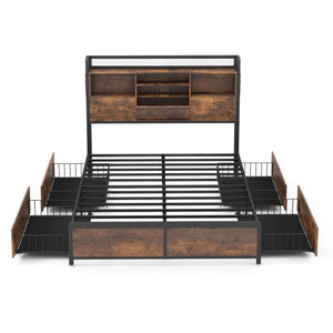 Full/Queen Size Bed Frame with Bookcase Headboard and 4 Storage Drawers-Full Size