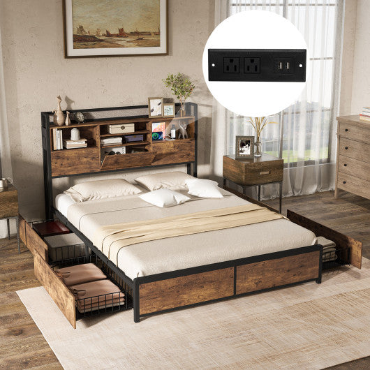Full/Queen Size Bed Frame with Bookcase Headboard and 4 Storage Drawers-Full Size