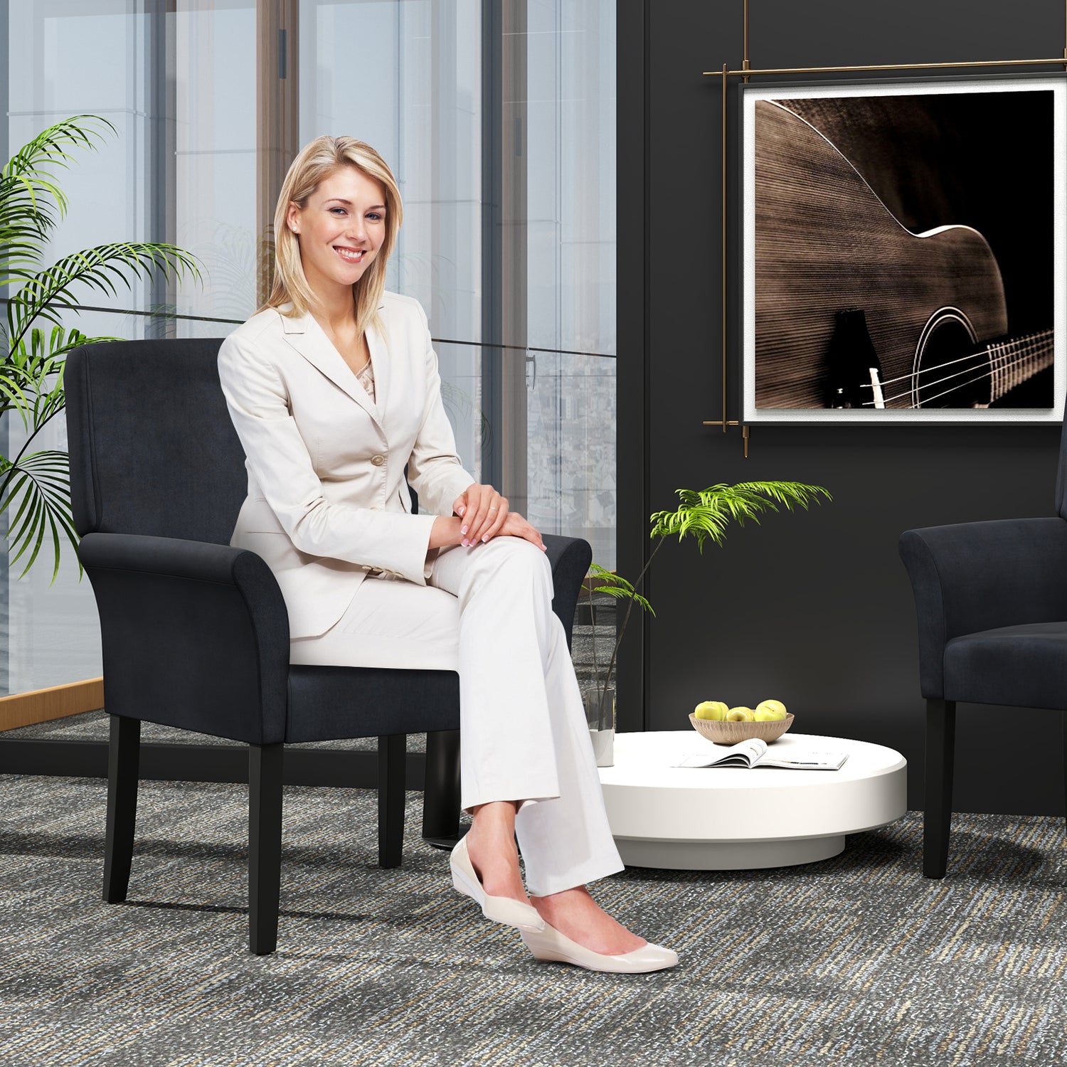 Fabric Upholstered Executive Guest Armchair with Rubber Wood Legs-Black