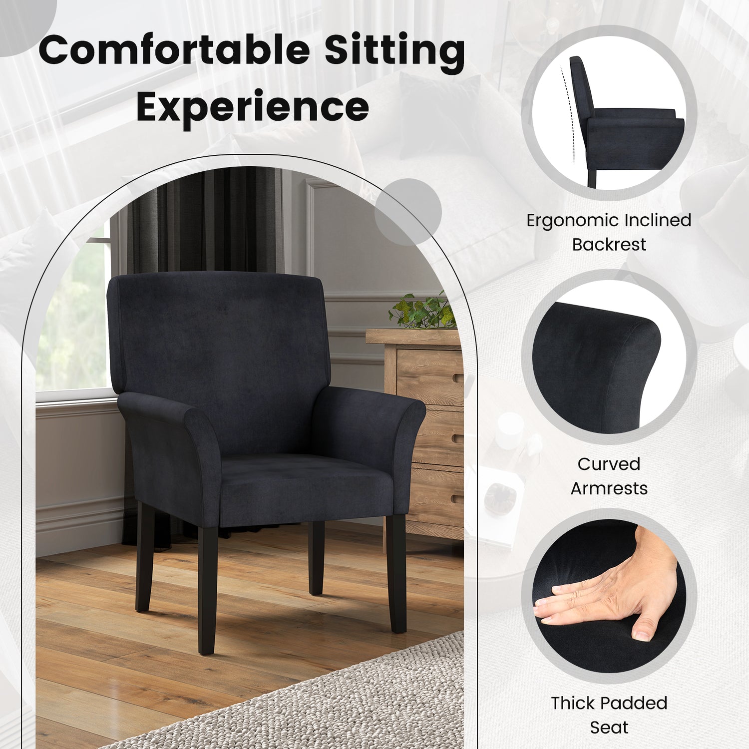 Fabric Upholstered Executive Guest Armchair with Rubber Wood Legs-Black
