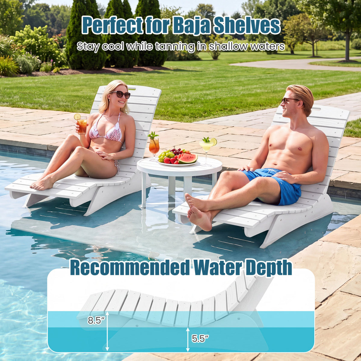 Fade-Resistant Outdoor Lounger with Contoured Shape for Deck Poolside-White