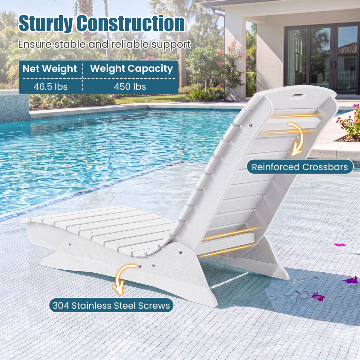 Fade-Resistant Outdoor Lounger with Contoured Shape for Deck Poolside-White