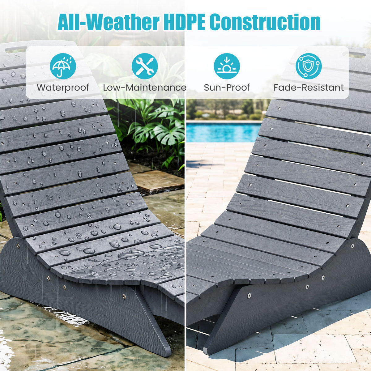 Fade-Resistant Outdoor Lounger with Contoured Shape for Deck Poolside-Dark Gray