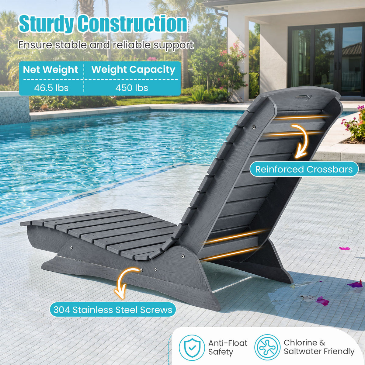Fade-Resistant Outdoor Lounger with Contoured Shape for Deck Poolside-Dark Gray