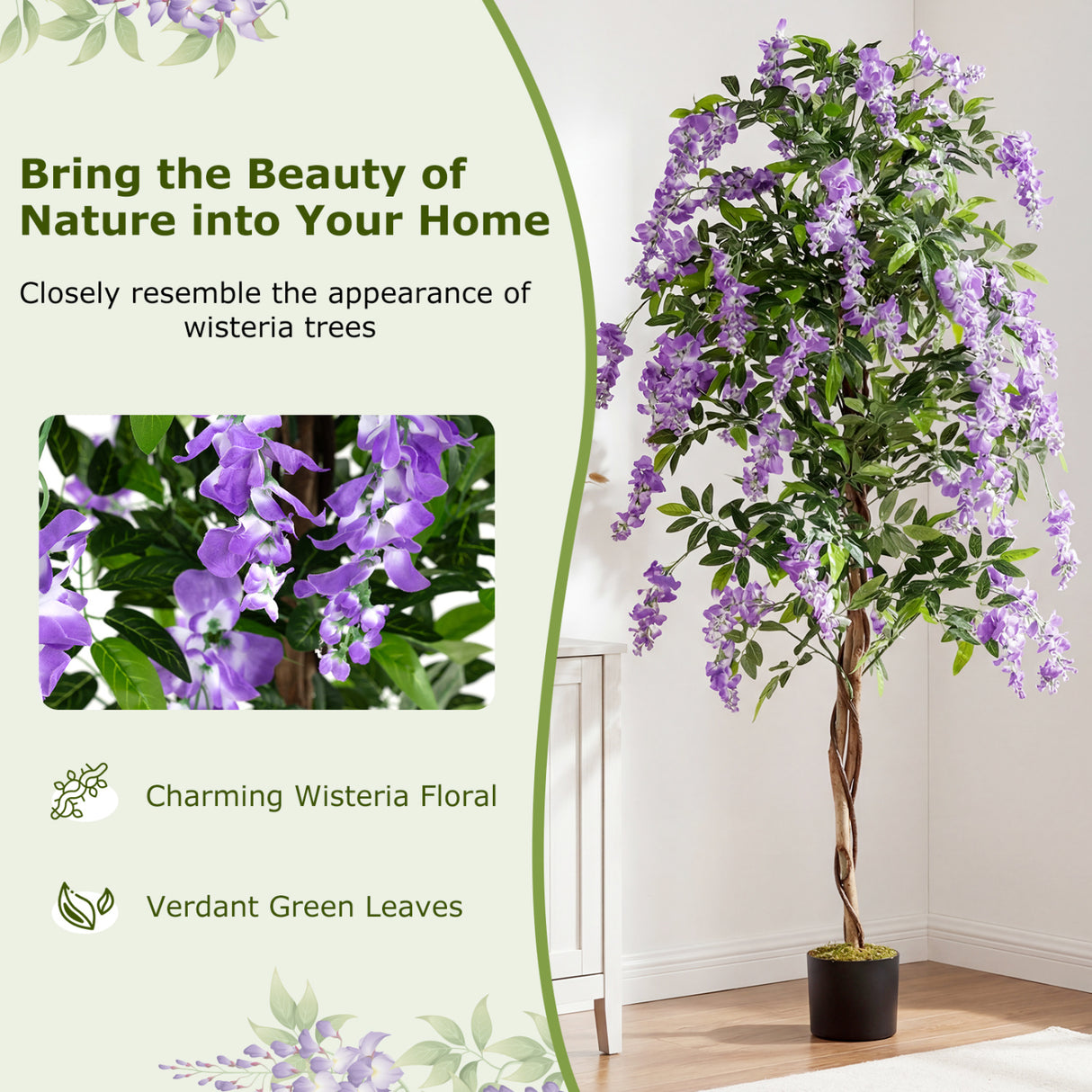 Fake Ficus Plant 6 FT Artificial Wisteria Tree with Natural Trunks and Purple Lifelike Flowers
