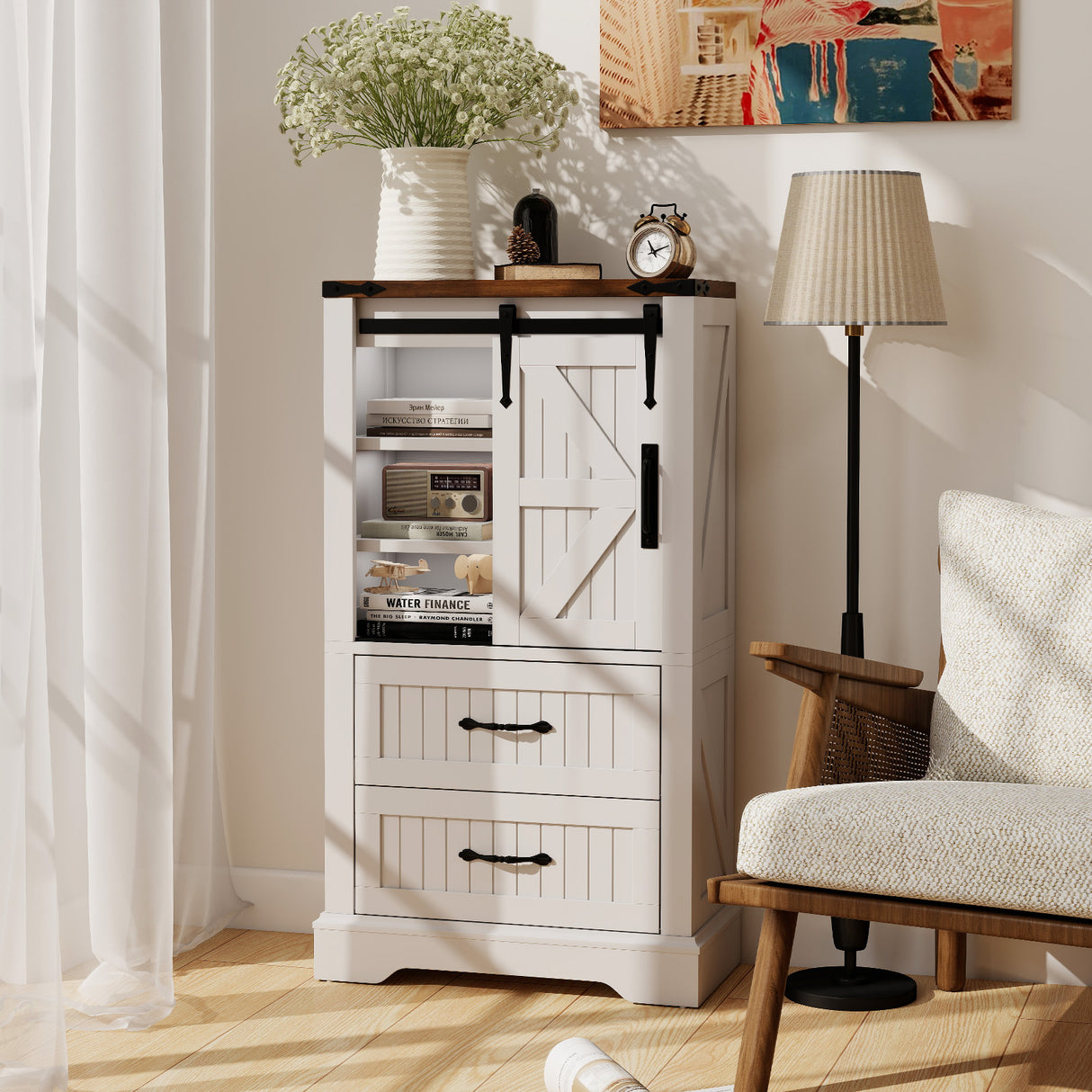 Farmhouse Bathroom Floor Cabinet Freestanding Wooden Storage Organizer-White
