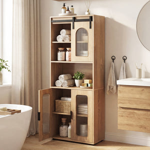 Farmhouse Bathroom Floor Cabinet with Sliding Barn Door-Natural