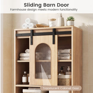 Farmhouse Bathroom Floor Cabinet with Sliding Barn Door-Natural