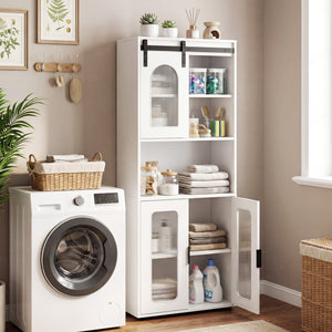 Farmhouse Bathroom Floor Cabinet with Sliding Barn Door-White