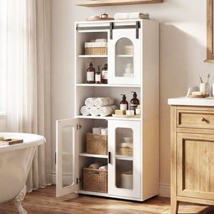 Farmhouse Bathroom Floor Cabinet with Sliding Barn Door-White