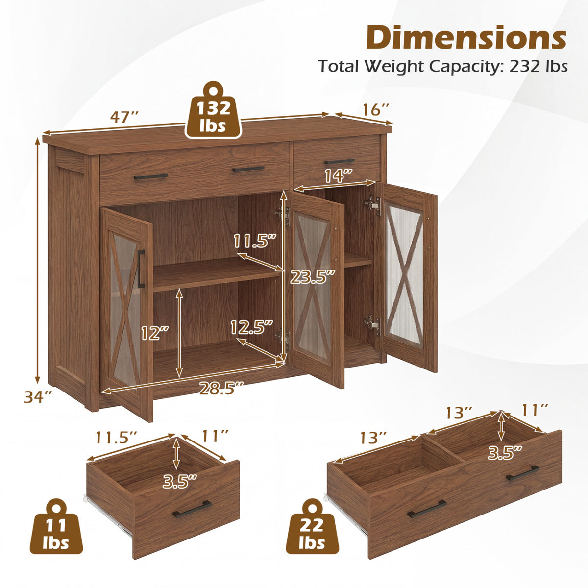 Farmhouse Buffet Sideboard 3-Door Kitchen Storage Cabinet with 2 Drawers-Brown