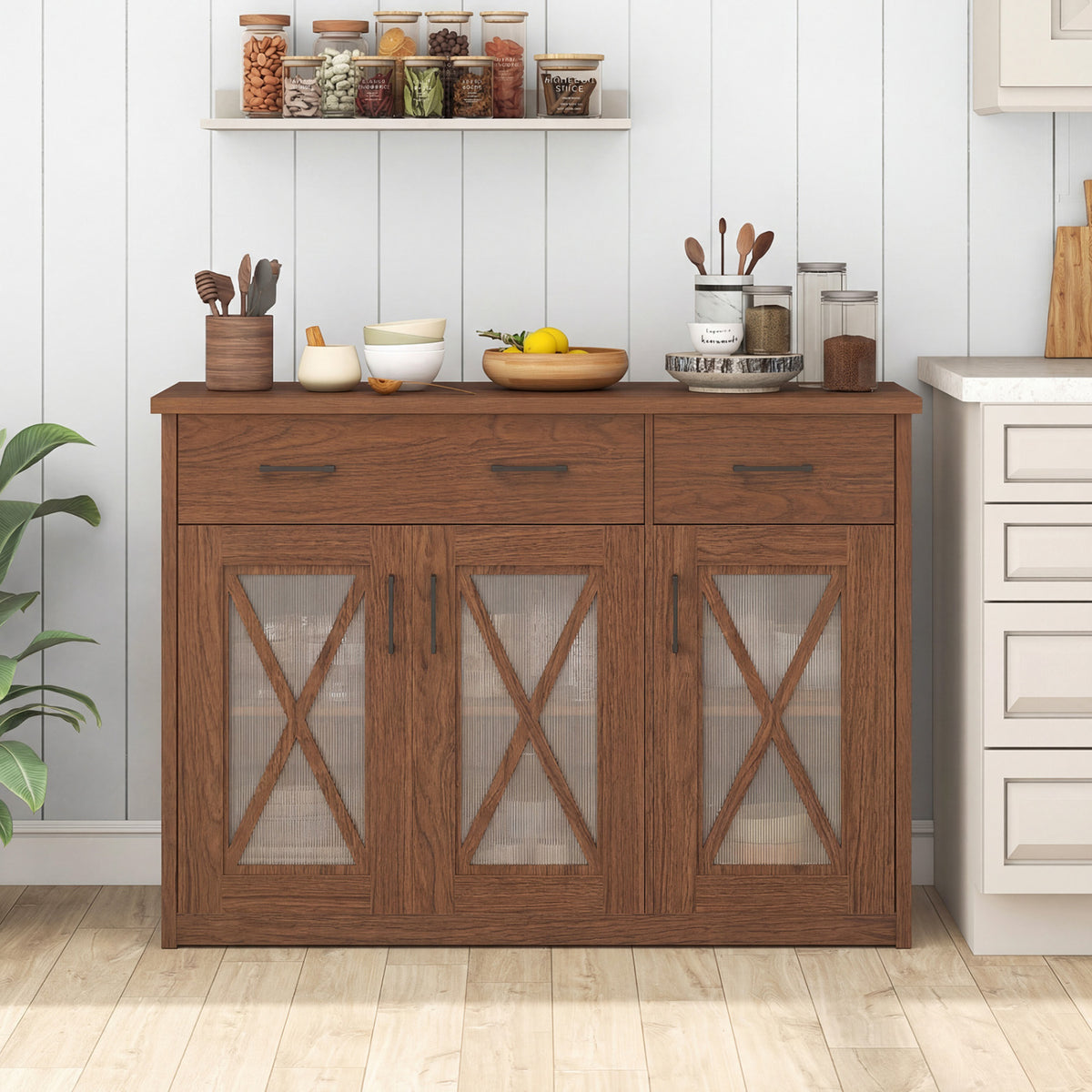 Farmhouse Buffet Sideboard 3-Door Kitchen Storage Cabinet with 2 Drawers-Brown