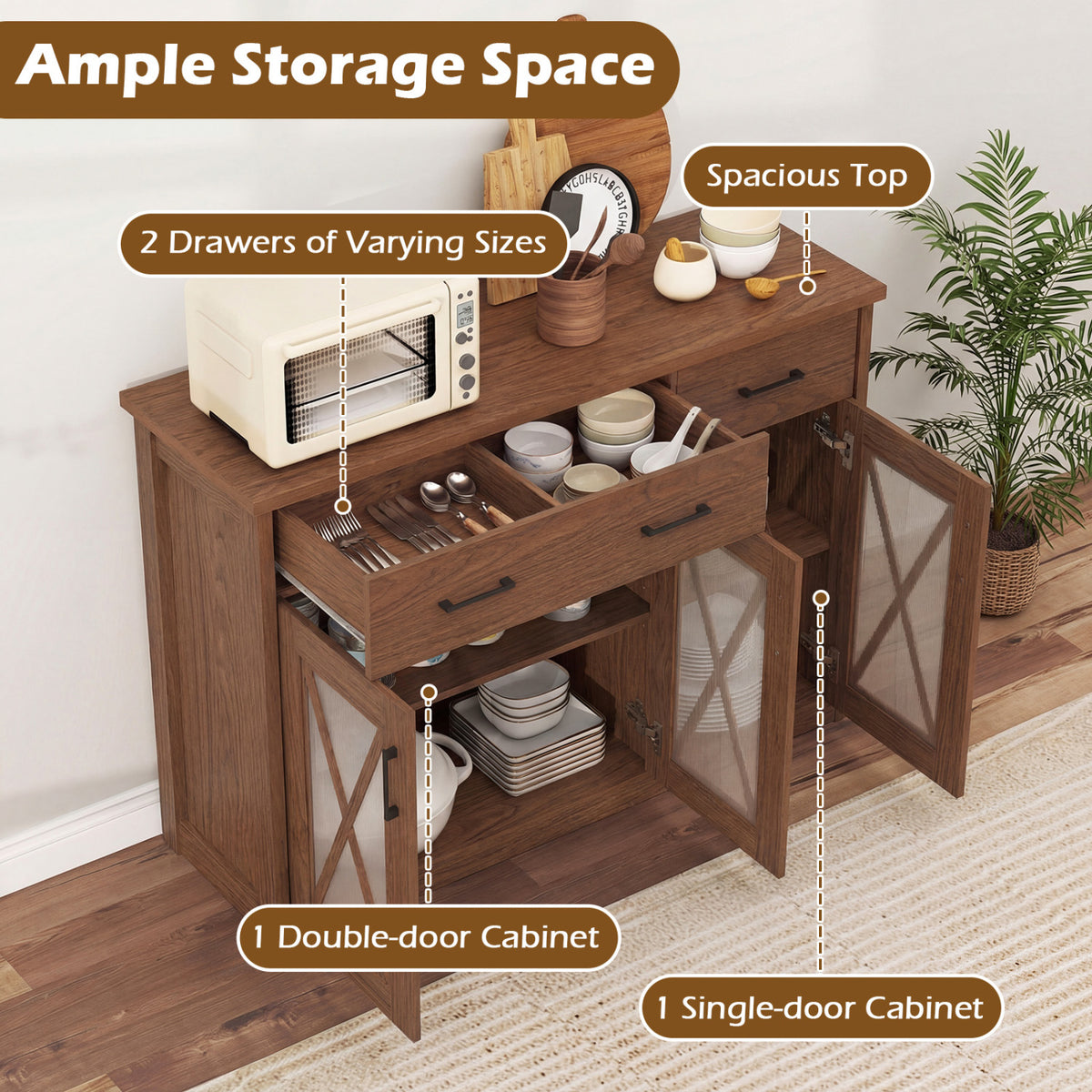 Farmhouse Buffet Sideboard 3-Door Kitchen Storage Cabinet with 2 Drawers-Brown
