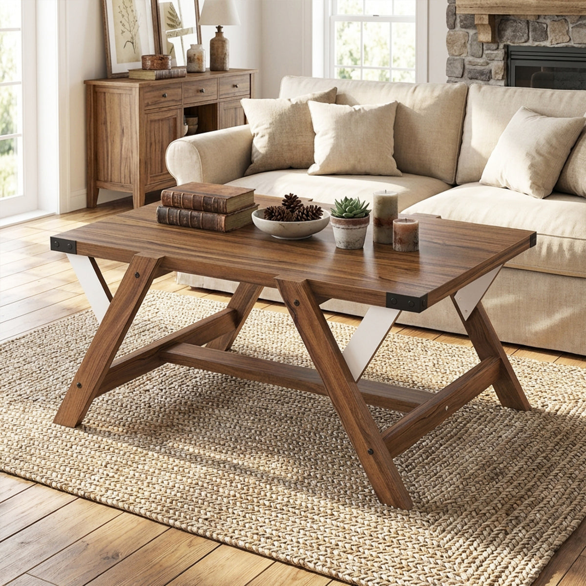 Farmhouse Center Table with Decorative Nailhead Accents for Living Room-Walnut
