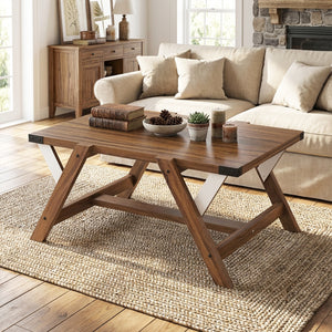 Farmhouse Center Table with Decorative Nailhead Accents for Living Room-Walnut