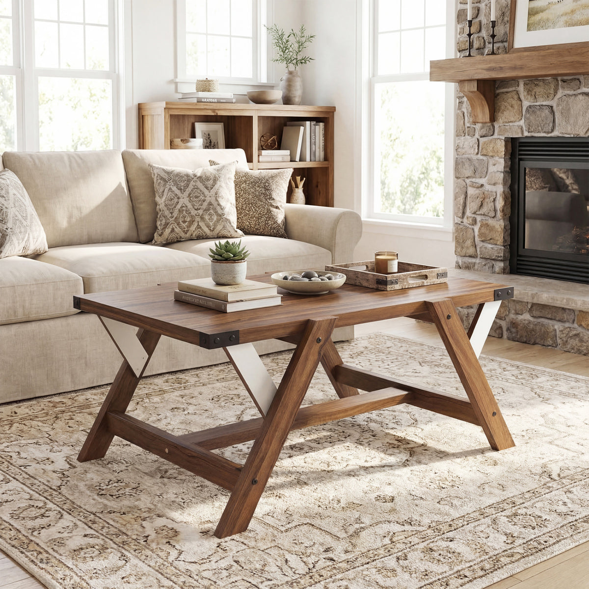 Farmhouse Center Table with Decorative Nailhead Accents for Living Room-Walnut