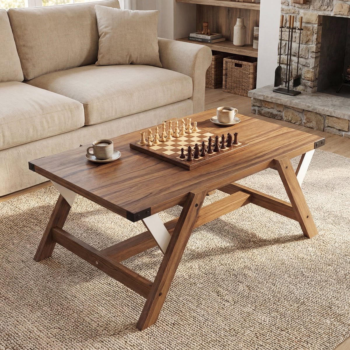 Farmhouse Center Table with Decorative Nailhead Accents for Living Room-Walnut