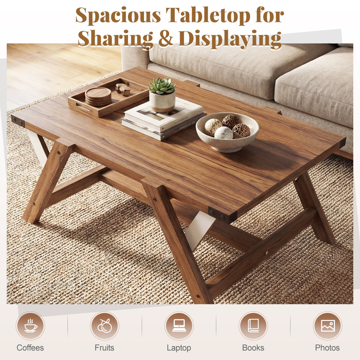 Farmhouse Center Table with Decorative Nailhead Accents for Living Room-Walnut