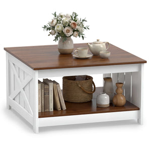 Farmhouse Coffee Table 31 Inch Square Coffee Table with Storage Shelf-White