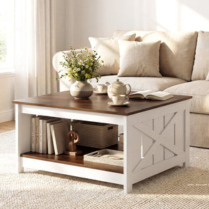 Farmhouse Coffee Table 31 Inch Square Coffee Table with Storage Shelf-White