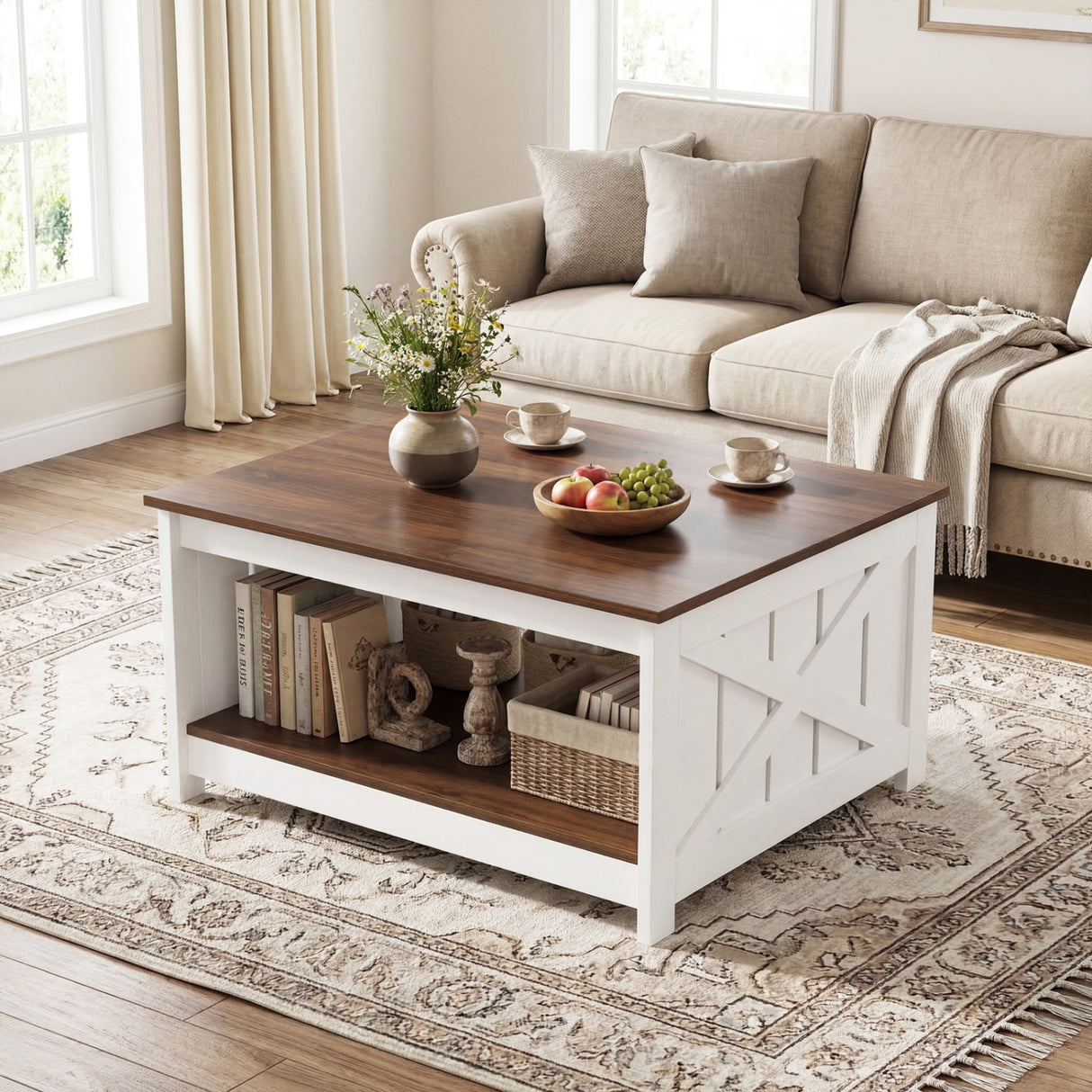 Farmhouse Coffee Table 31 Inch Square Coffee Table with Storage Shelf-White