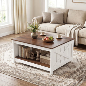 Farmhouse Coffee Table 31 Inch Square Coffee Table with Storage Shelf-White