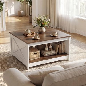 Farmhouse Coffee Table 31 Inch Square Coffee Table with Storage Shelf-White