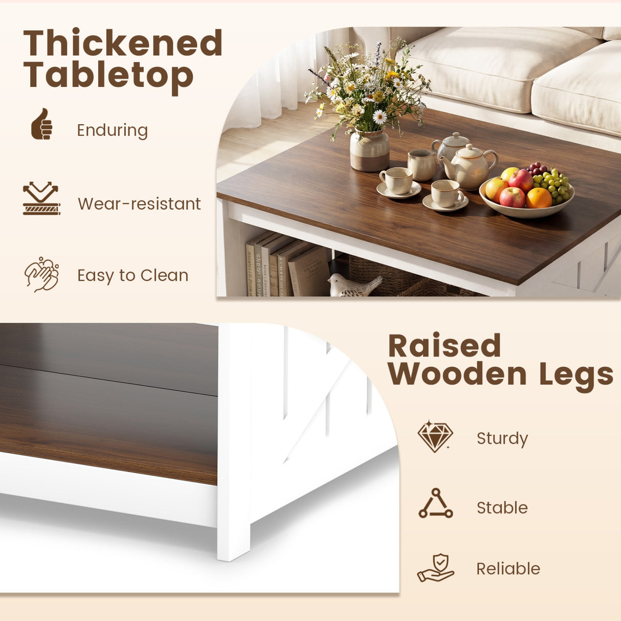 Farmhouse Coffee Table 31 Inch Square Coffee Table with Storage Shelf-White