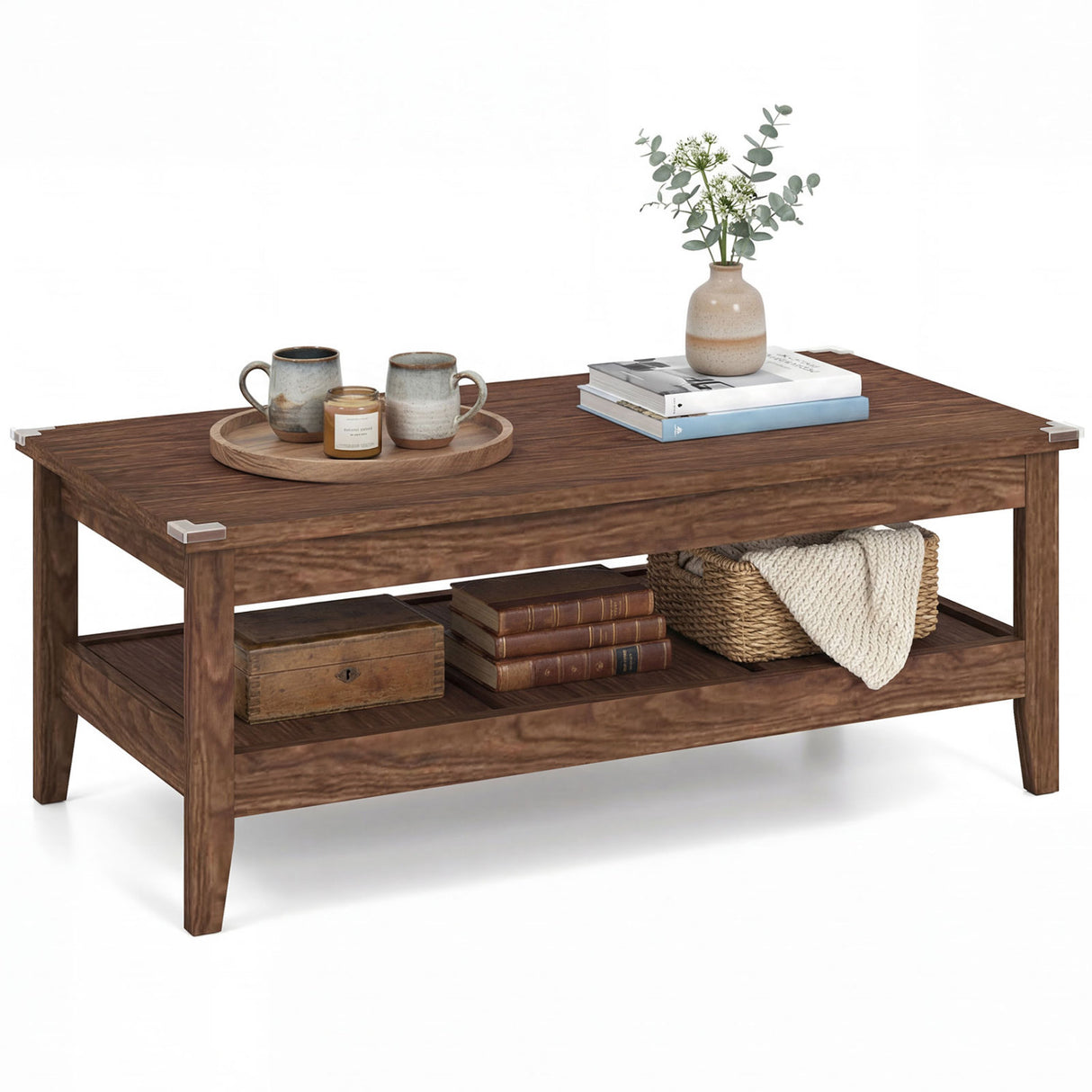 Farmhouse Coffee Table Rustic Cocktail Center Table with Thickened Tabletop-Walnut