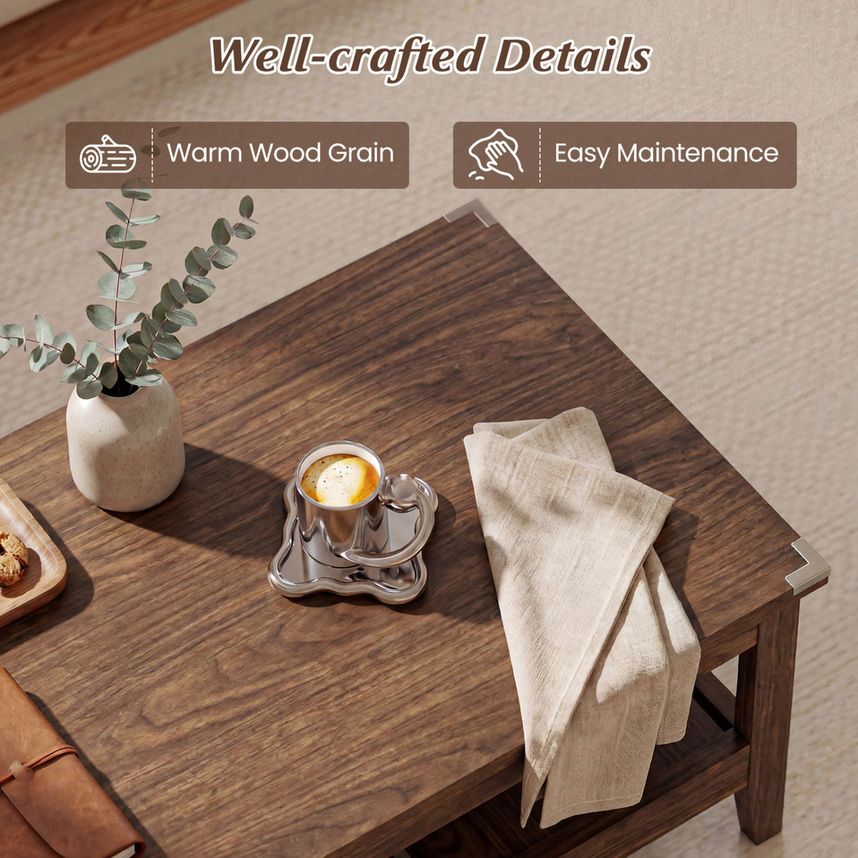 Farmhouse Coffee Table Rustic Cocktail Center Table with Thickened Tabletop-Walnut