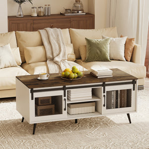 Farmhouse Coffee Table with Sliding Doors Rectangular with Adjustable Shelf-Rustic Brown