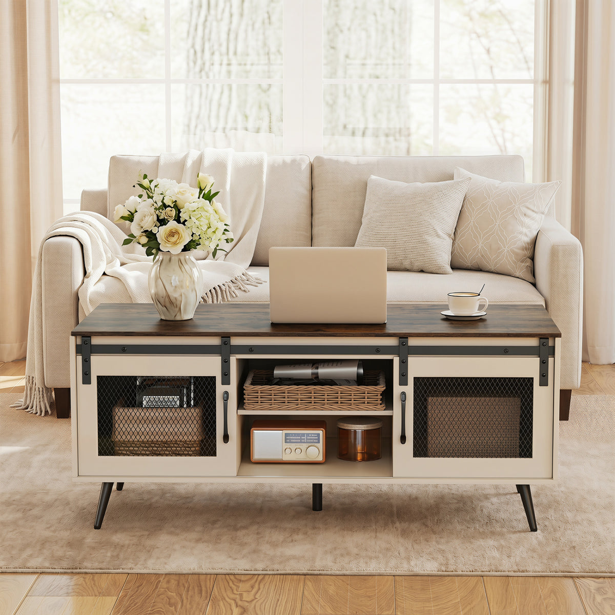 Farmhouse Coffee Table with Sliding Doors Rectangular with Adjustable Shelf-Rustic Brown