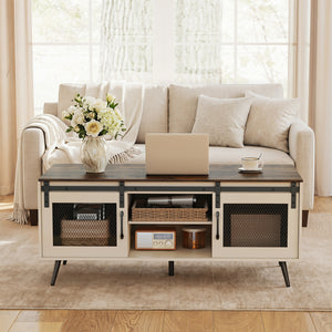 Farmhouse Coffee Table with Sliding Doors Rectangular with Adjustable Shelf-Rustic Brown