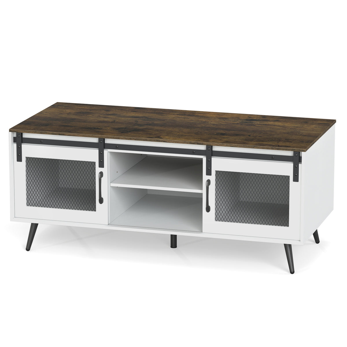 Farmhouse Coffee Table with Sliding Doors Rectangular with Adjustable Shelf-Rustic Brown