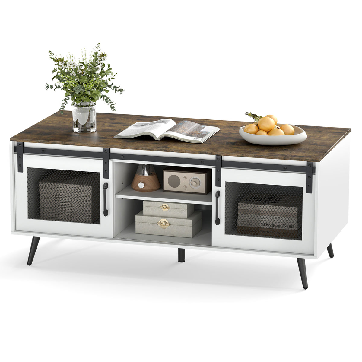 Farmhouse Coffee Table with Sliding Doors Rectangular with Adjustable Shelf-Rustic Brown