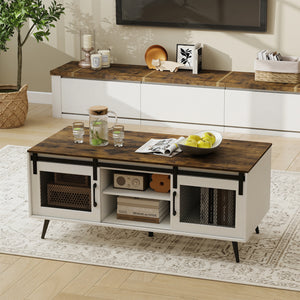 Farmhouse Coffee Table with Sliding Doors Rectangular with Adjustable Shelf-Rustic Brown