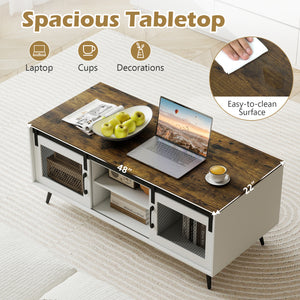 Farmhouse Coffee Table with Sliding Doors Rectangular with Adjustable Shelf-Rustic Brown