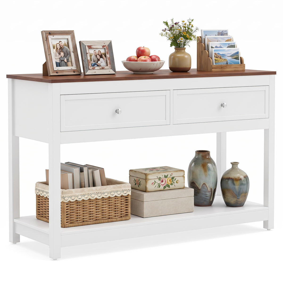 Farmhouse Console Table with 2 Drawers & Open Storage Shelf-White