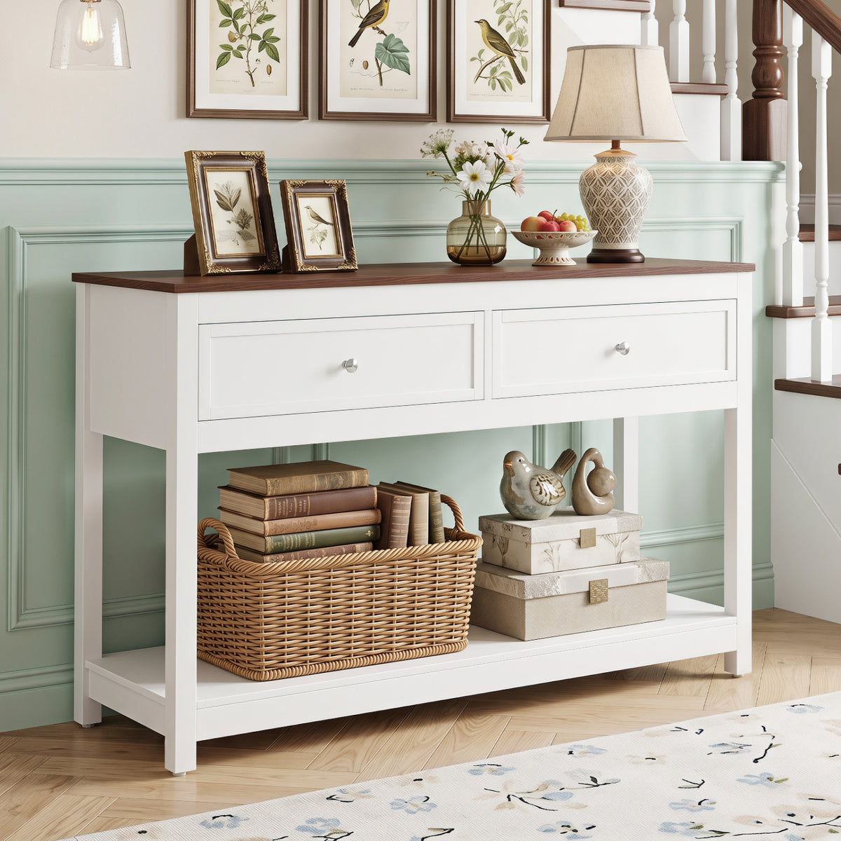 Farmhouse Console Table with 2 Drawers & Open Storage Shelf-White