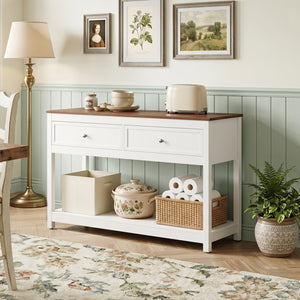 Farmhouse Console Table with 2 Drawers & Open Storage Shelf-White