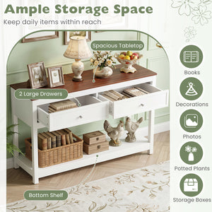 Farmhouse Console Table with 2 Drawers & Open Storage Shelf-White